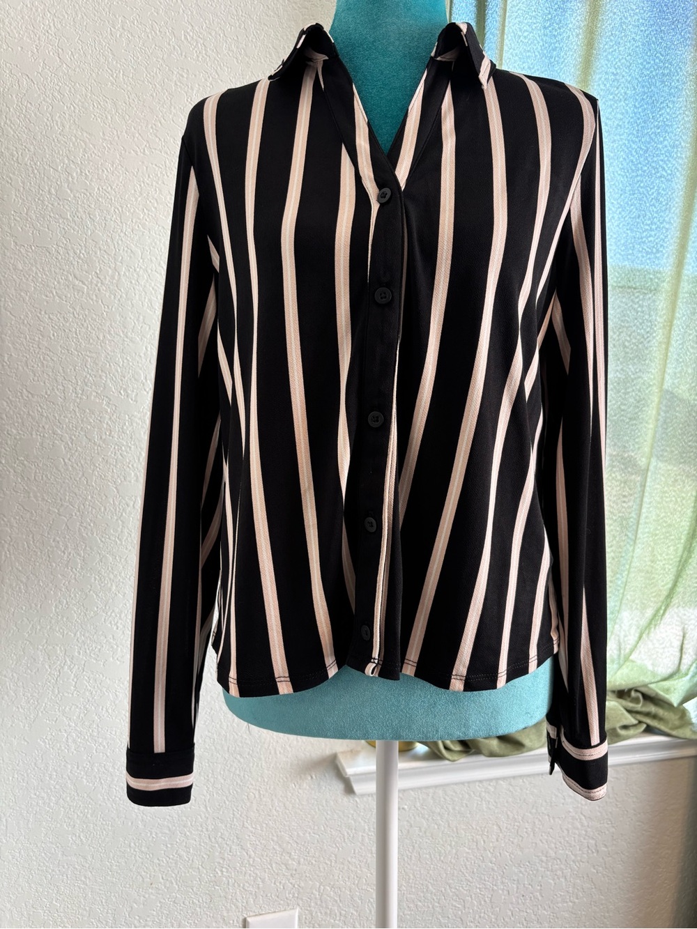 Striped Black and Cream V-Neck button down Long Sleeve Top